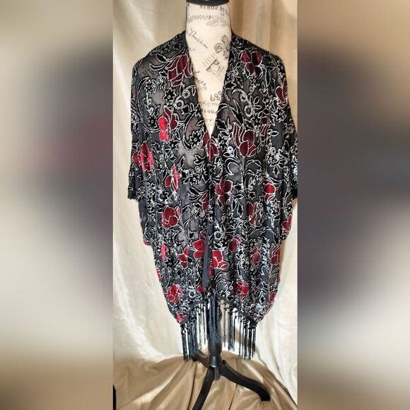 Ashley Stewart Black/Red Velvet Burnout Kimono w/Silver Beads & Fringe Detail - Picture 1 of 7